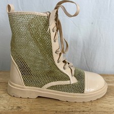 Cape Robin Ruby-18 Gold Open Mesh Netted Metallic Combat Boots Beige Womens 9