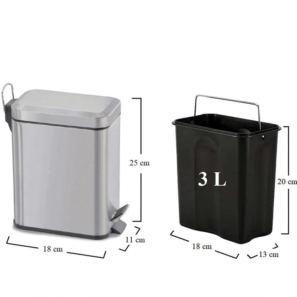 Pattumiera daBagno 3 L in alluminio con Pedale 18x11x25 cm Rettangolare 3566 - Immagine 2 di 4