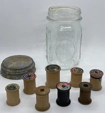 Lot of 8 Vintage Wood Sewing Thread Spools & Ball Mason Jar Metal Lid Crafts