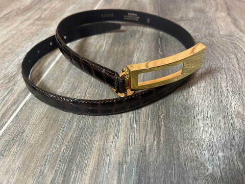 KUDOS CANADA BROWN / BLACK LEATHER SNAKE EMBOSSED BELT GOLD BUCKLE DISPLAY - Picture 3 of 12