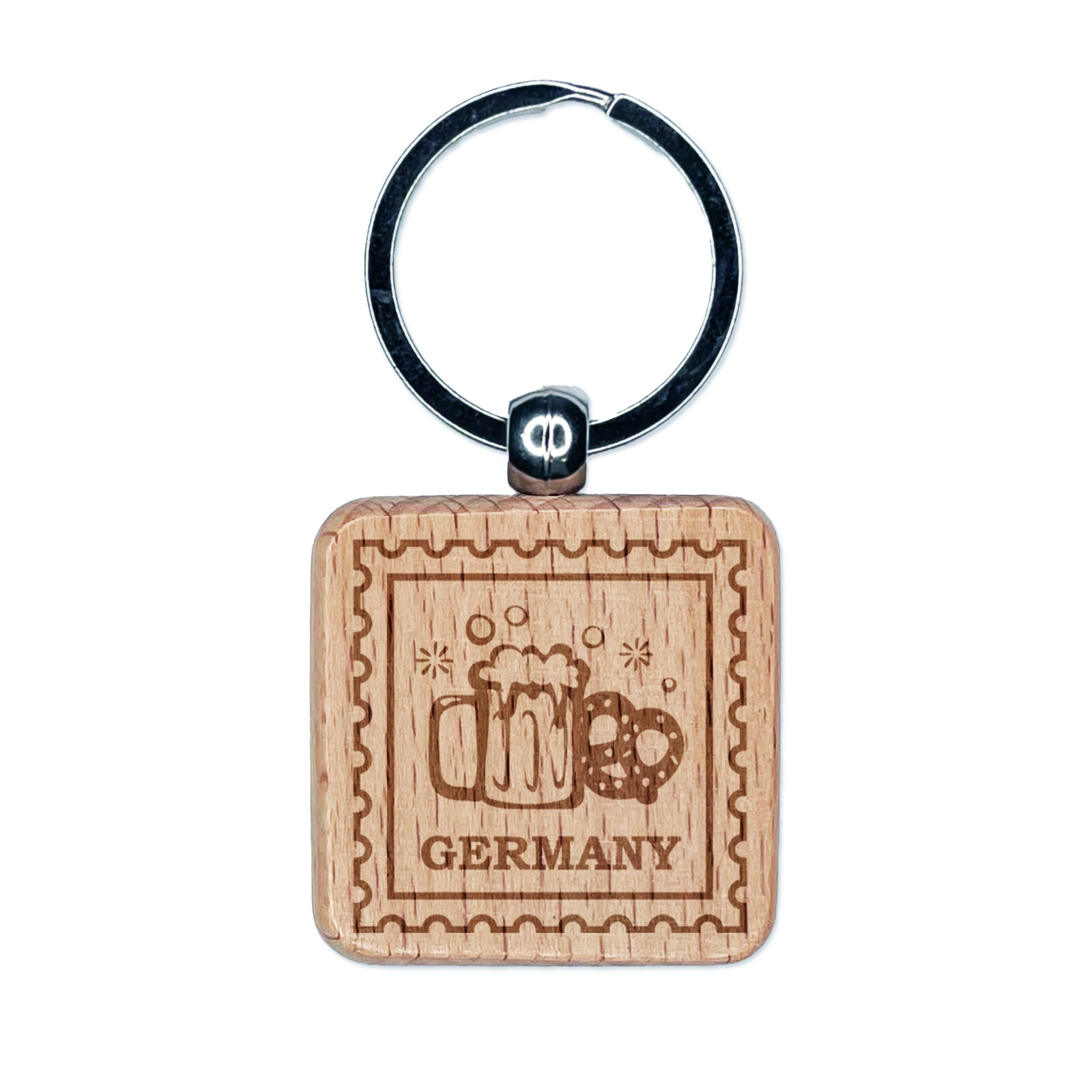 Germany Travel Beer Stein and Pretzel Engraved Wood Square Keychain Tag Charm