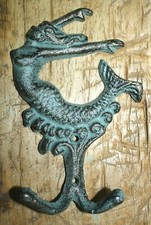 3 Cast Iron MERMAID Towel Hooks Hat Rack Nautical Swimming Pool Hook GREEN