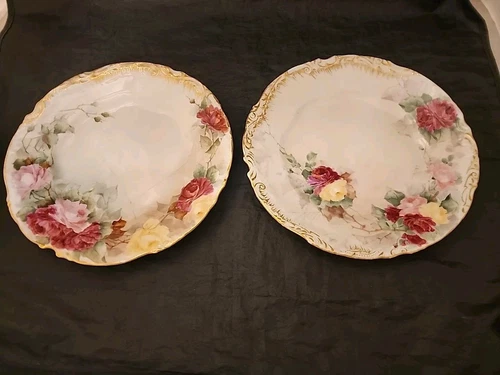 2 Vtg Haviland Limoges Gold Trim Hand Painted Porcelain Plates Floral Spiderweb
