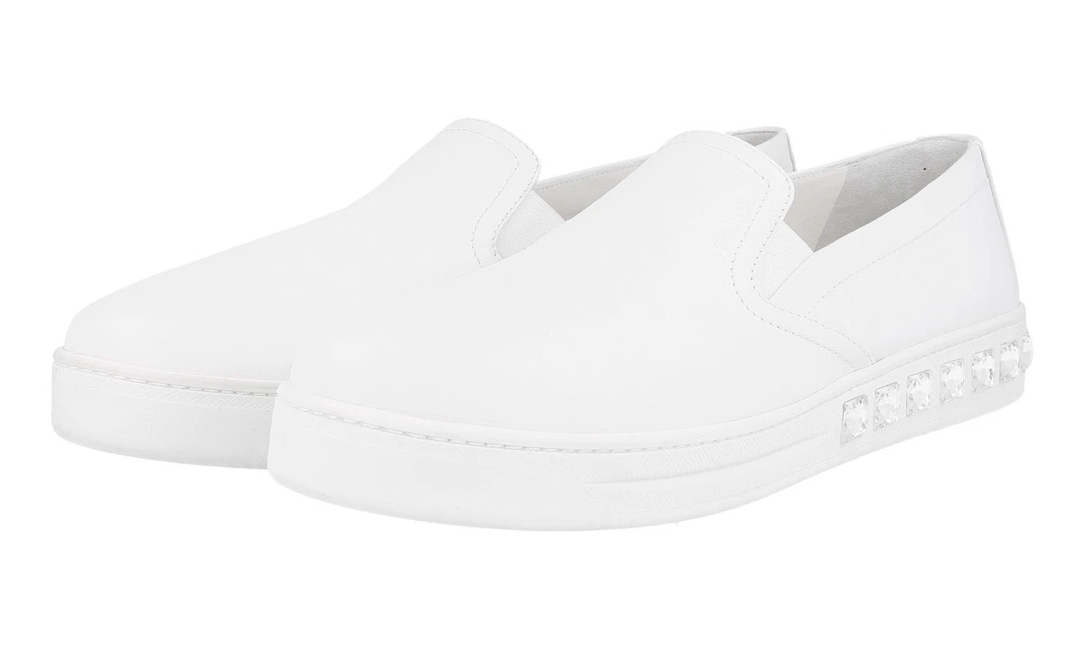 PRADA Leder Downtown KRISTALL Slip-on Sneaker - 1S245G Weiss - NEU - 41 UK 8