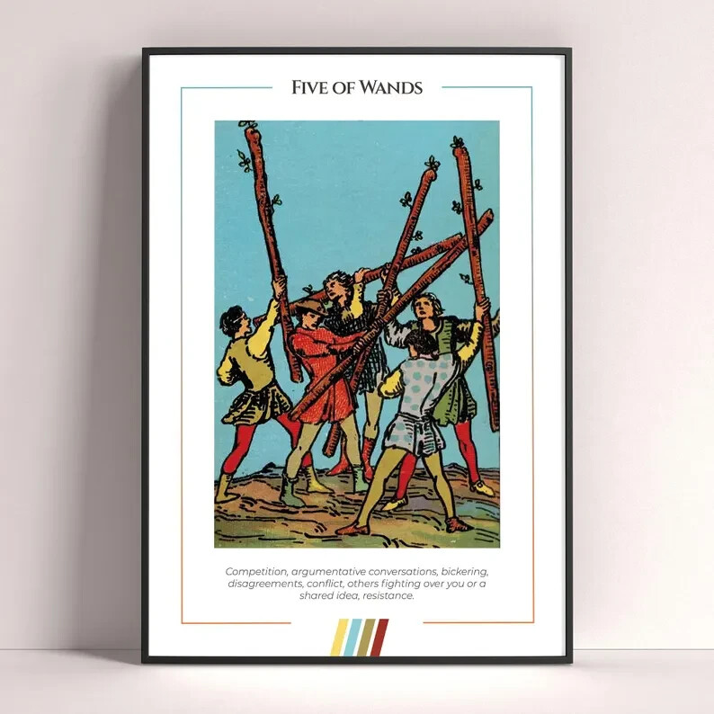 Five of Wands Tarot Card Art Print Digital Download Poster
