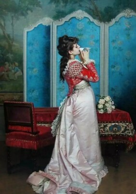 Oil painting Auguste Toulmouche young beauty girl kissing love letter