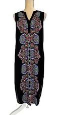 SPENSE Women Black Colorful Boho Print Viscose Dress Sleeveless Hi Lo Hem Midi M