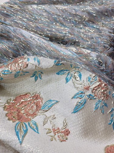 Fabric Sold By The Yard Rose Gold Metallic Brocade On Black Lame Organza Floral - Picture 11 of 11
