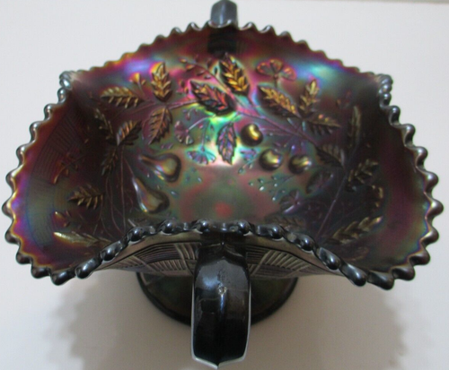 Antique Northwood Carnival Glass Bon Bon Dish Bowl Fruits & Flowers Amethyst - Picture 2 of 10