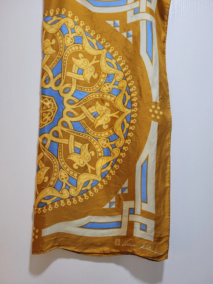 复古女式 Ann Taylor 100% 真丝围巾金色棕色和蓝色。 28"x29 码 — 第 2/4 张图片
