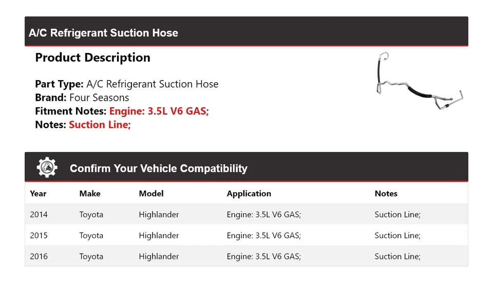 Manguera de succión de refrigerante aire acondicionado Toyota Highlander 2014-2016 4 estaciones 2015 Foto 2 de 3