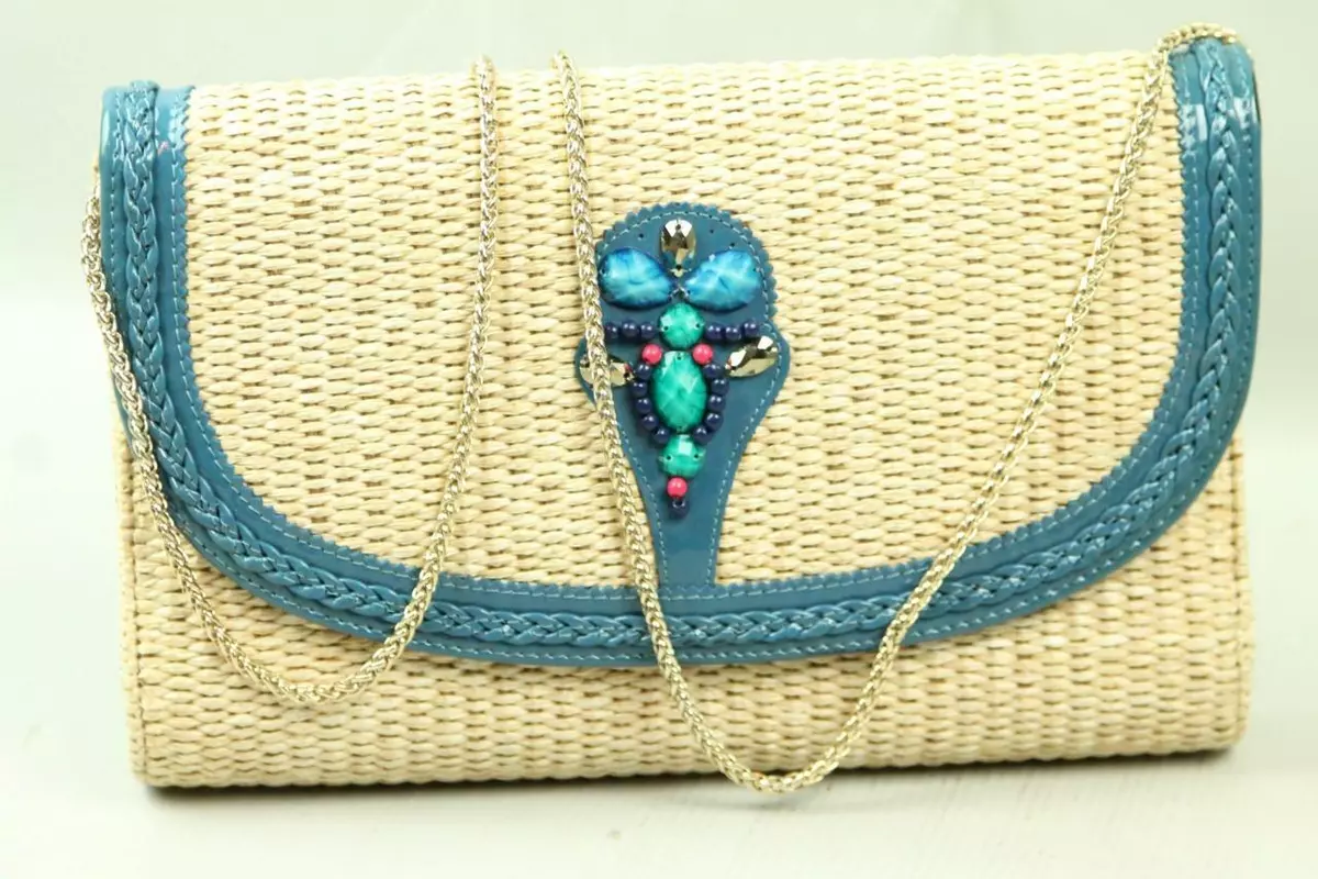LK BENNETT London Jeweled Raffia Straw Flap Clutch Handbag Purse w Chain Strap