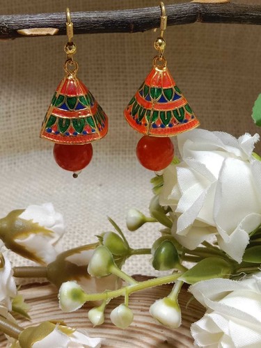 Bollywood Indian Small Multicolor Meenakari Gold Plated Jhumka Jhumki Earring - Picture 6 of 22