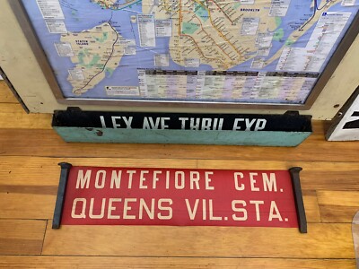 NY NYC TRANSIT 1952 BUS ROLL SIGN MONTEFIORE CEMETERY QUEENS VILLAGE STATION ART