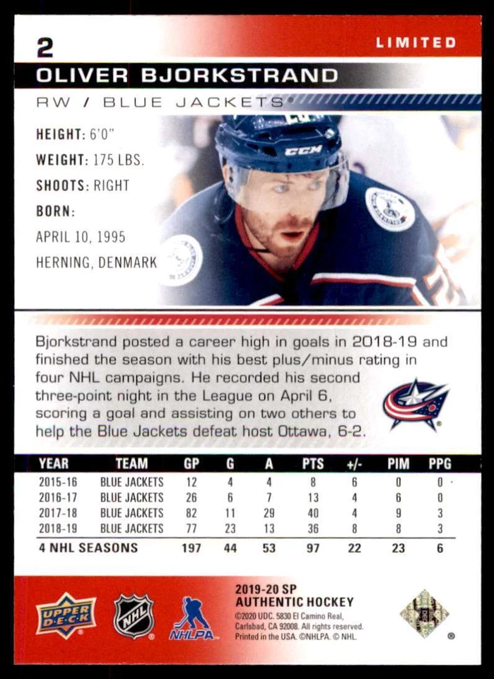 2019-20 SP Authentic Limited Red Oliver Bjorkstrand #2 - Image 2 of 2