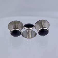 Black Cabochon Silver Tone Tuxedo Shirt Dress Studs Set 3 Vintage C1