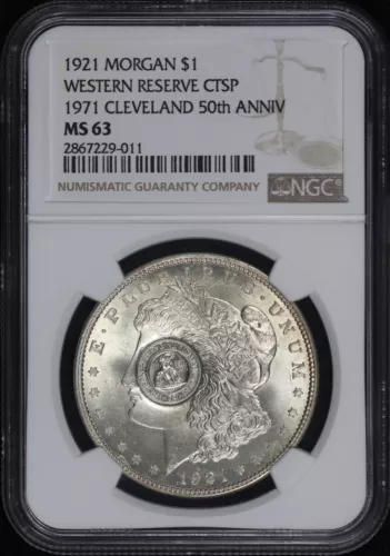 1921 Morgan Dollar NGC MS-63 - 1971 Cleveland 50th Anniv. Western Reserve CTSP
