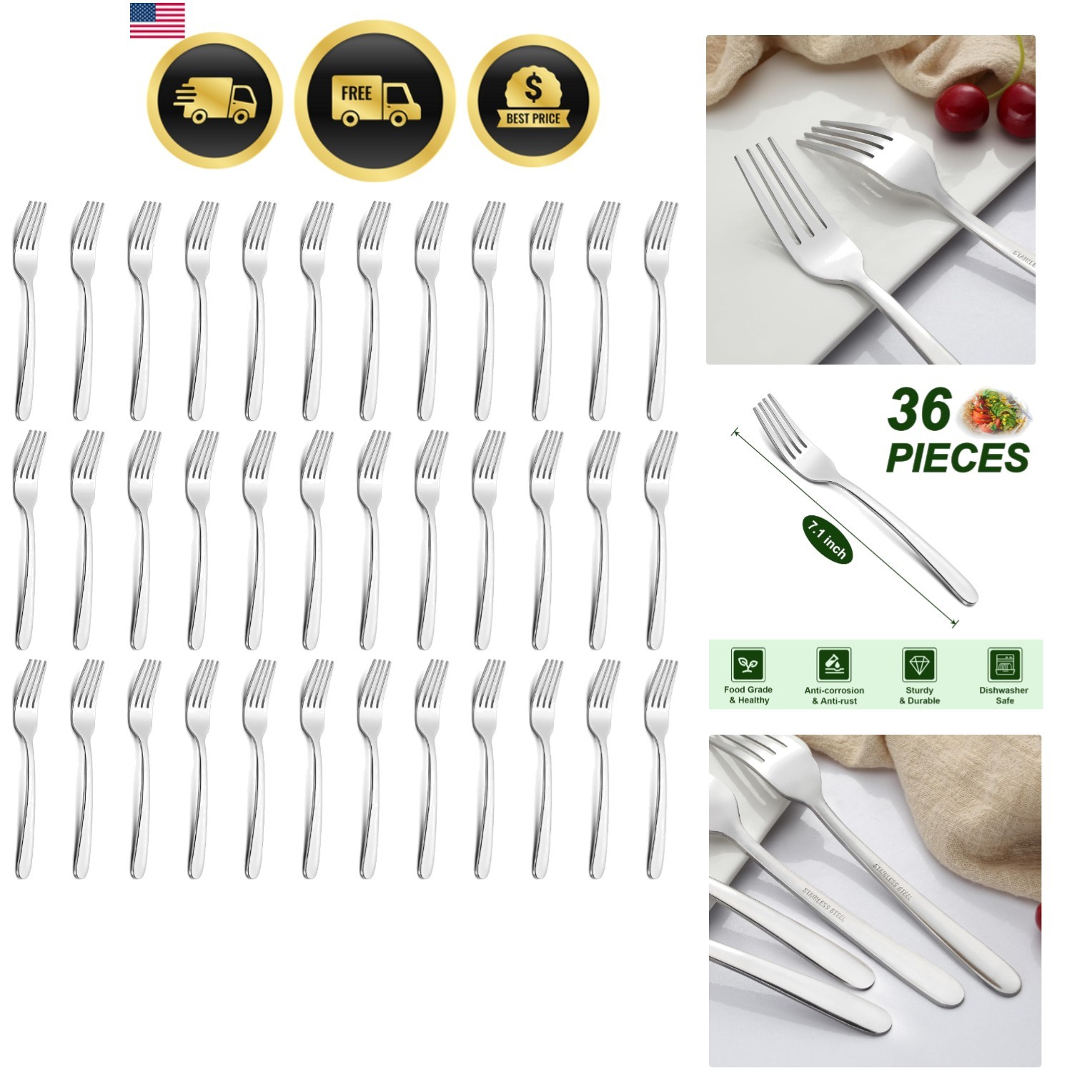 Set 7.1 Inch, Stainless Steel Flatware Forks Silverware, M..