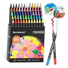  Dual Tip Acrylic Paint Markers, Brush Tip and Fine Tip Acrylic Paint 60 Colors