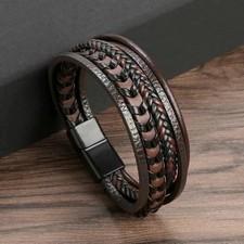 Trendy Magnetic Buckle Multi layer Retro Leather Rope Braided Bracelet Brown