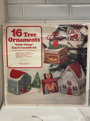 Vintage Little Village 16 Tree Ornaments Boxes Assemble Kits Cardboard Craft New