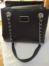 GUESS Satchel Shoulder Bag Black Textured Logo G Print Dome Purse Large Chains