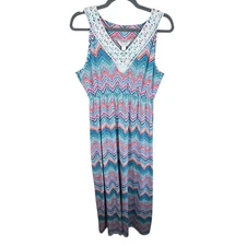 Three Seasons Maternity Colorful Zig Zag Sleeveless Stretchy V-Neck Maxi Dress L