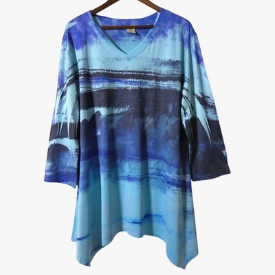 Jess & Jane Tunic Top Women Plus 1X Blue Abstract Art To Wear Shark Bite Hem