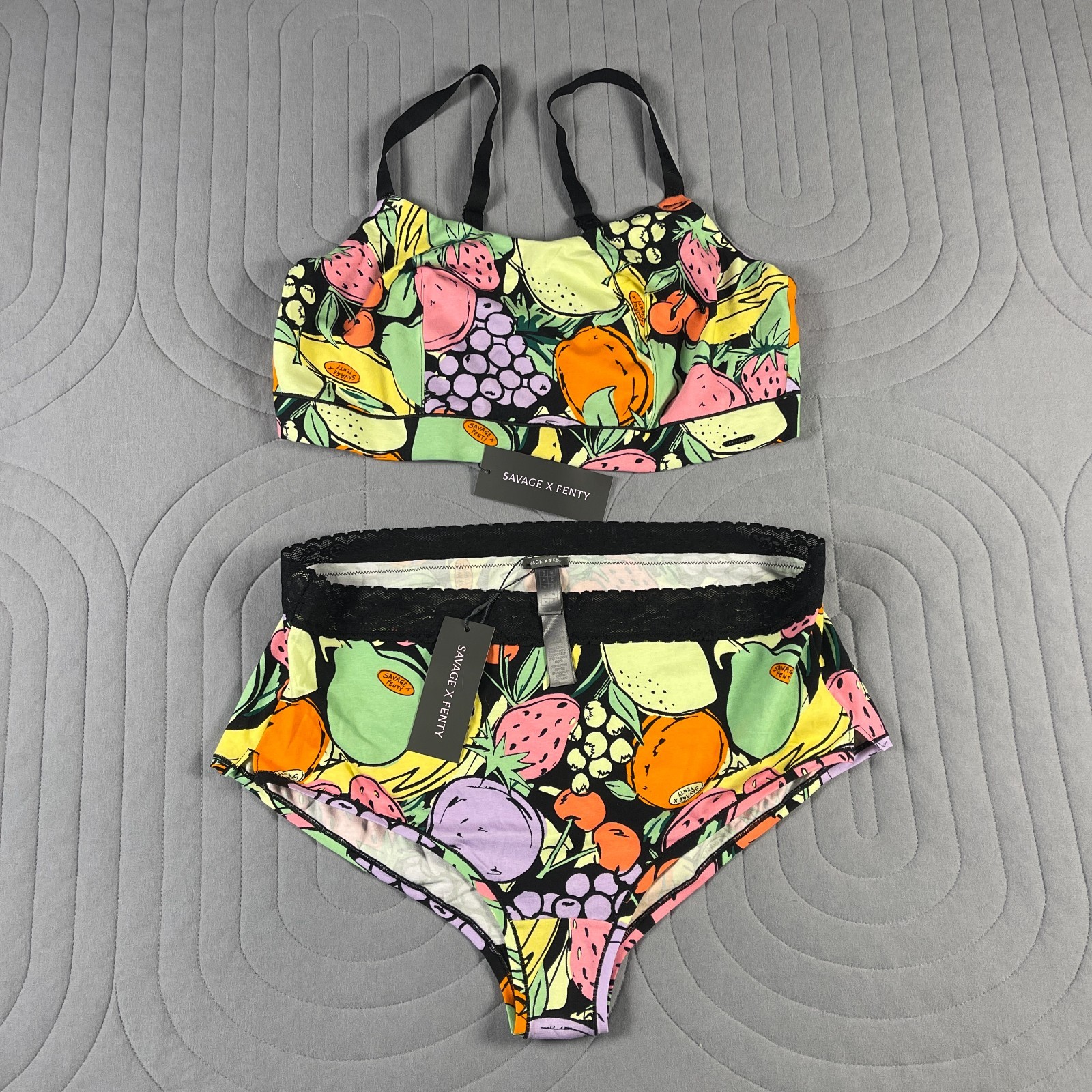 Savage X Fenty 2 Pc Bralette Panty Set Size 3X Fruit Print Cotton Lingerie NWT
