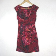 Lauren Ralph Lauren 4 Petite Sheath Dress Red Womens Floral Cowl Ruched Elegant