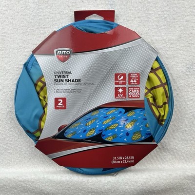 AUTO DRIVE CAR WINDSHIELD UNIVERSAL TWIST SUN SHADE PINEAPPLE 2 PIECES SEALED