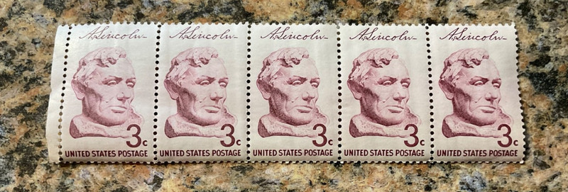 1958 US Stamp Scott #1114 - 3 Cent Lincoln 5 stamp strip - MNH/OG