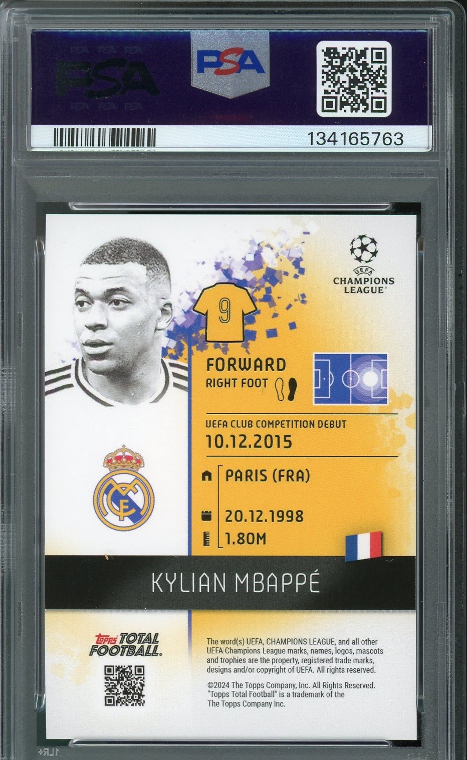 2024-25 KYLIAN MBAPPE TOPPS TOTAL FB #1181 BLACK AND WHITE /10 PSA 10 POP 1 view 3