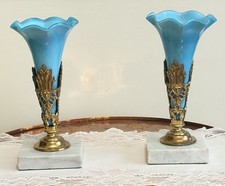 RARE ANTIQUE MID~LATE 1800s PAIR Victorian BLUE GLASS EPERGNE VASE MARBLE BASE