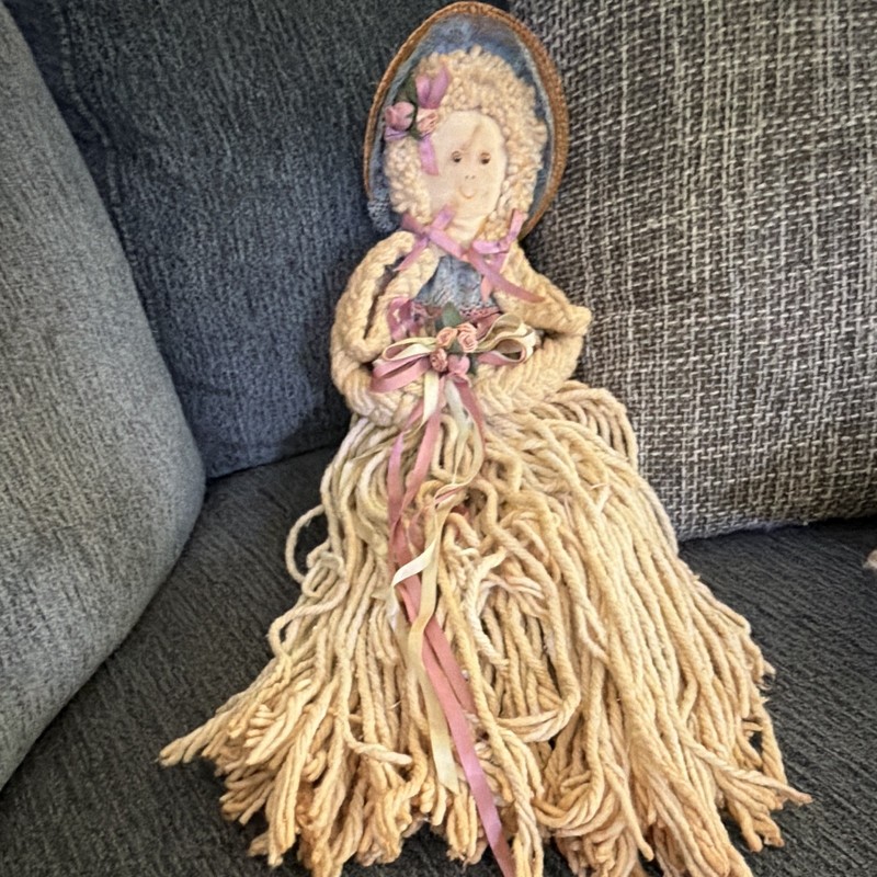 Handmade Yarn Hair Mop Rag Doll w/ Bonnet Hat, Ribbon Dress & Bow