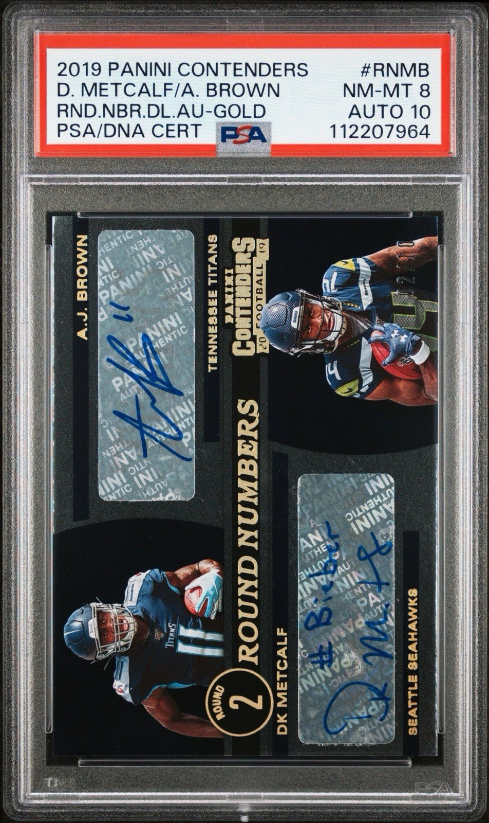 2019 PANINI CONTENDERS INSCRIPTION 1/1 BROWN DK METCALF GOLD 02/10 PSA 8 AUTO 10