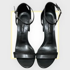 NINE WEST Black Ankle Strap Block High Heel Sandals with Back Detail, Size 10