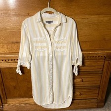 Sharagano Preppy Boho Chic Yellow White Striped Button Down Shirt Dress Coastal