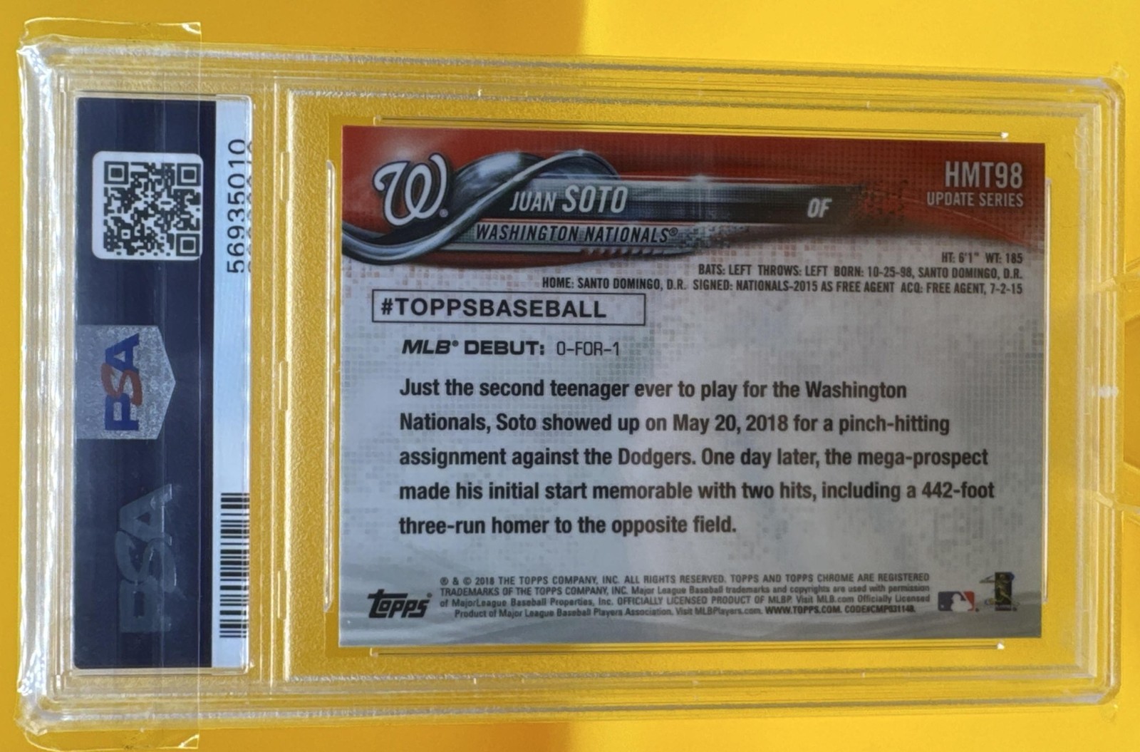 2018 Topps Chrome Update Juan Soto #HMT98 RC Nationals PSA 10 view 2