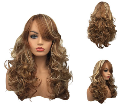Real Human Hair Fashion for Women Hair Style Long Brown Mix Blond Curly Wig 26In