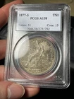1877-S PCGS AU58 Trade Silver Dollar Toned Old Blue Holder