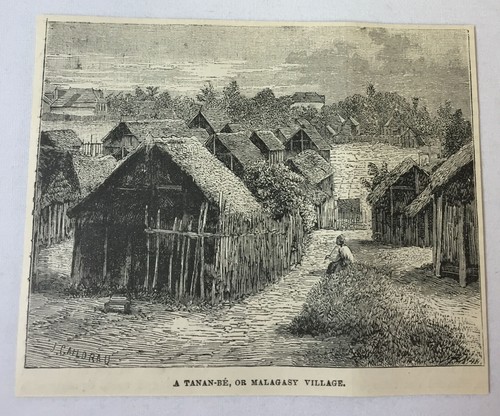 1885 magazine engraving ~ A TANAN-BE OR MALAGASY VILLAGE Madagascar