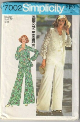 7002 SIMPLICITY Designer c.1975 - SHIRT/JACKET TOP Wide Leg PANTS - Sz 12 B 34''