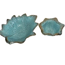 Vintage MCM USA 405 & 181B California Pottery Leaf Aqua Chip Dip Set