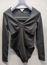Topshop O-Ring Cutout Bodysuit Women's Sz 8-10 Black Long Sleeve V-Neck