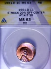 1951d ERROR ANACS MS63 Off Center Lincoln Wheat Cent Coin NICE TONE CH BU O/C