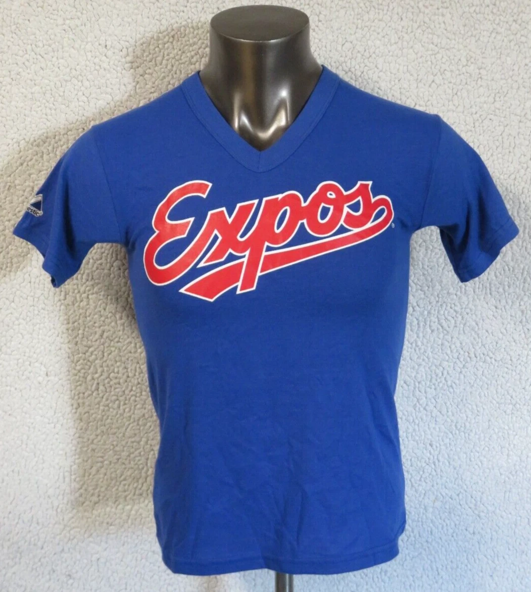 Vintage Montreal Expos Majestic Shirt Blue Size L -fits small USA Made  50/50 y2k