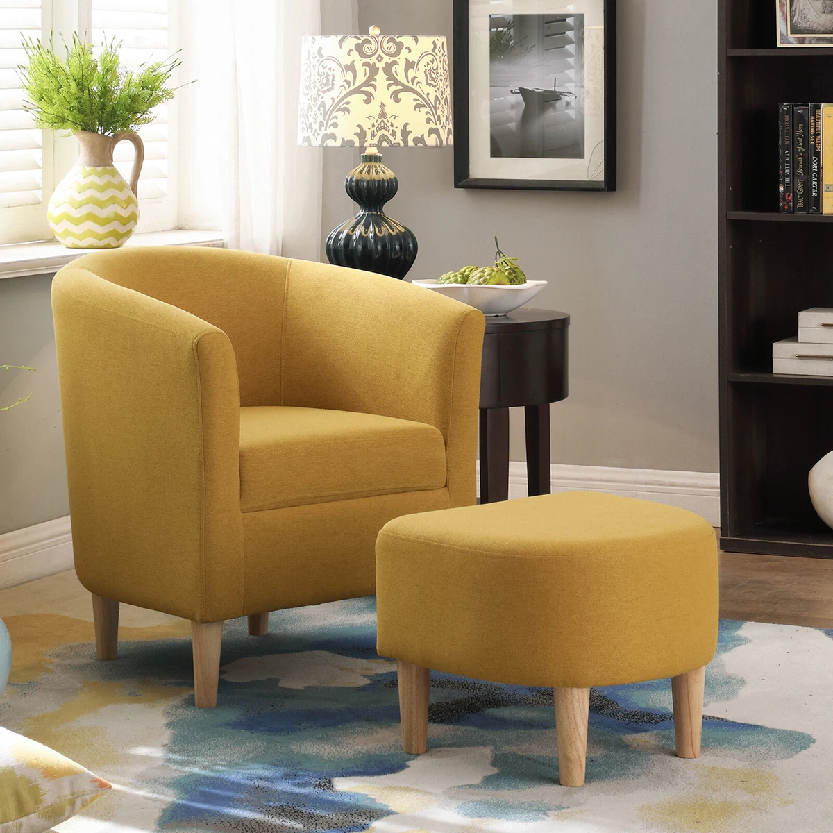 Accent Chair Curved Back Fabric Upholstered Arm Chair Wood Leg W