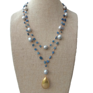 Authentic 21" Blue Kyanite Gray Rice Pearl Necklace Teardrop Brushed Gold Plated Pendant