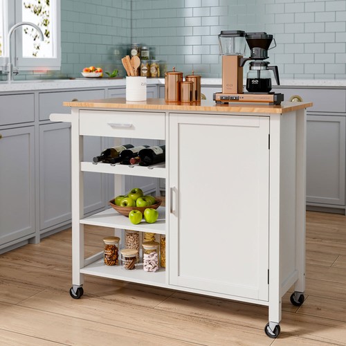 Rolling Kitchen Island Trolley Storage Cart Wood Top Drawer Wine Bottles Rack UK - Picture 3 of 11